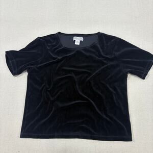 IRENE ALLISON Top XL Black Velour Stretch Scoop Neck Short Sleeve 80% Cotton Vtg